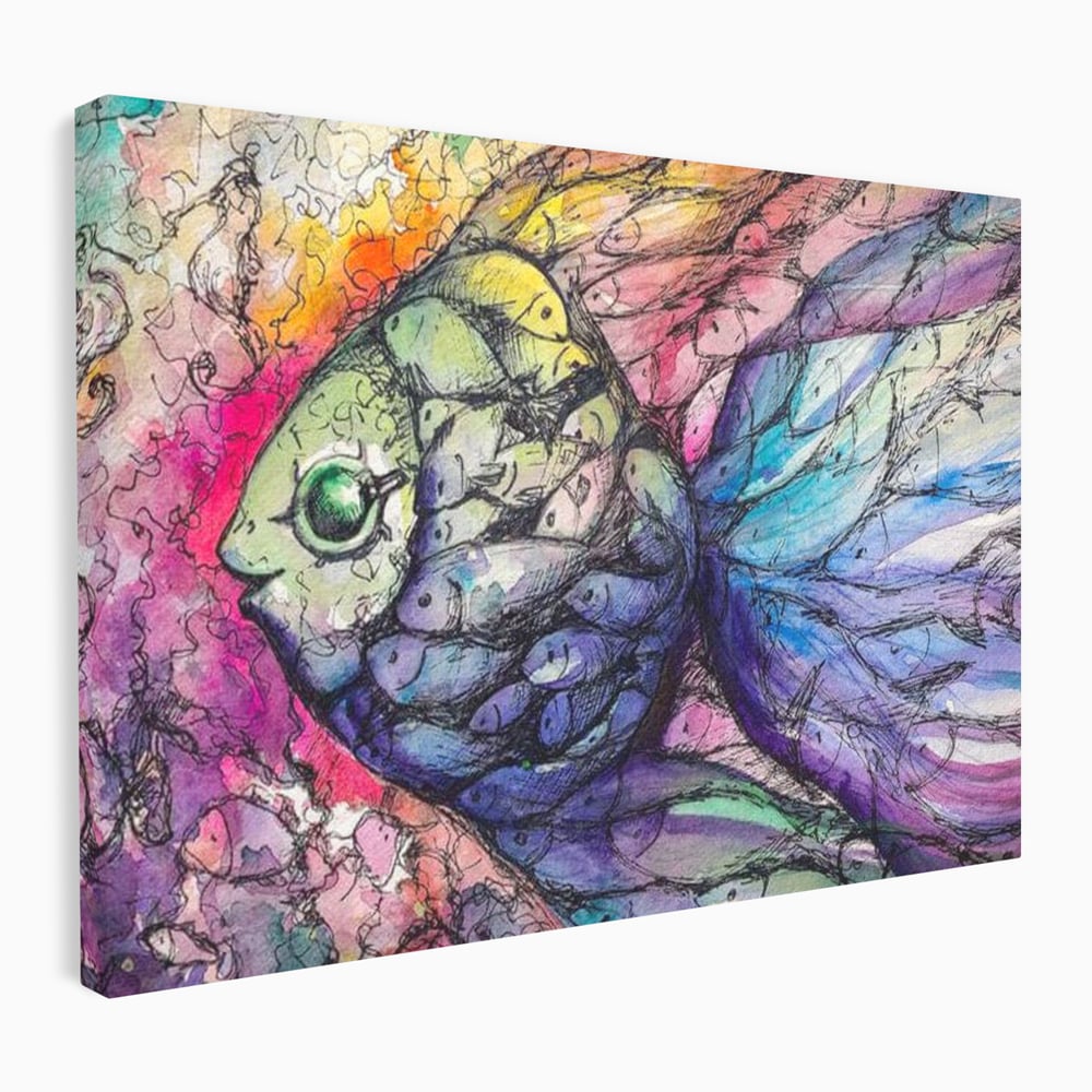 Tablou canvas cu tablou canvas cu peste mare din pesti mici, fara rama, pe sasiu de lemn